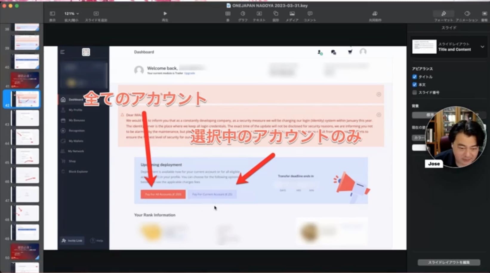 Pe ecranul computerului, veți vedea o interfață de tablou de bord cu text și săgeți japoneze datate 23 aprilie 2023. În fereastra apelului video din colțul din dreapta jos, puteți vedea persoane care participă la o discuție live despre ONE Economic Zone.