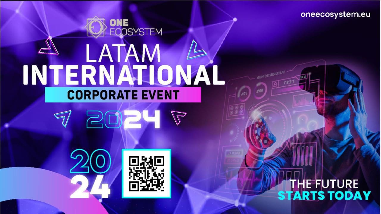 Grafic promoțional pentru LATAM International Corporate Event 2024 by One Ecosystem. Dispune de coduri QR, imagini futuriste și o persoană care poartă o cască VR pentru a interacționa cu elementele digitale. Columbia Deal Shaker Expo este un alt eveniment de urmărit.