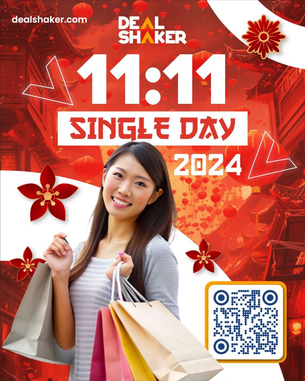 O femeie zâmbitoare sărbătorește Double Eleven cu entuziasmul lui DealShaker care ține o pungă de cumpărături cu "Singles' Day at 11:11 2024" cu un cod QR pe ea pe un fundal festiv roșu aprins.