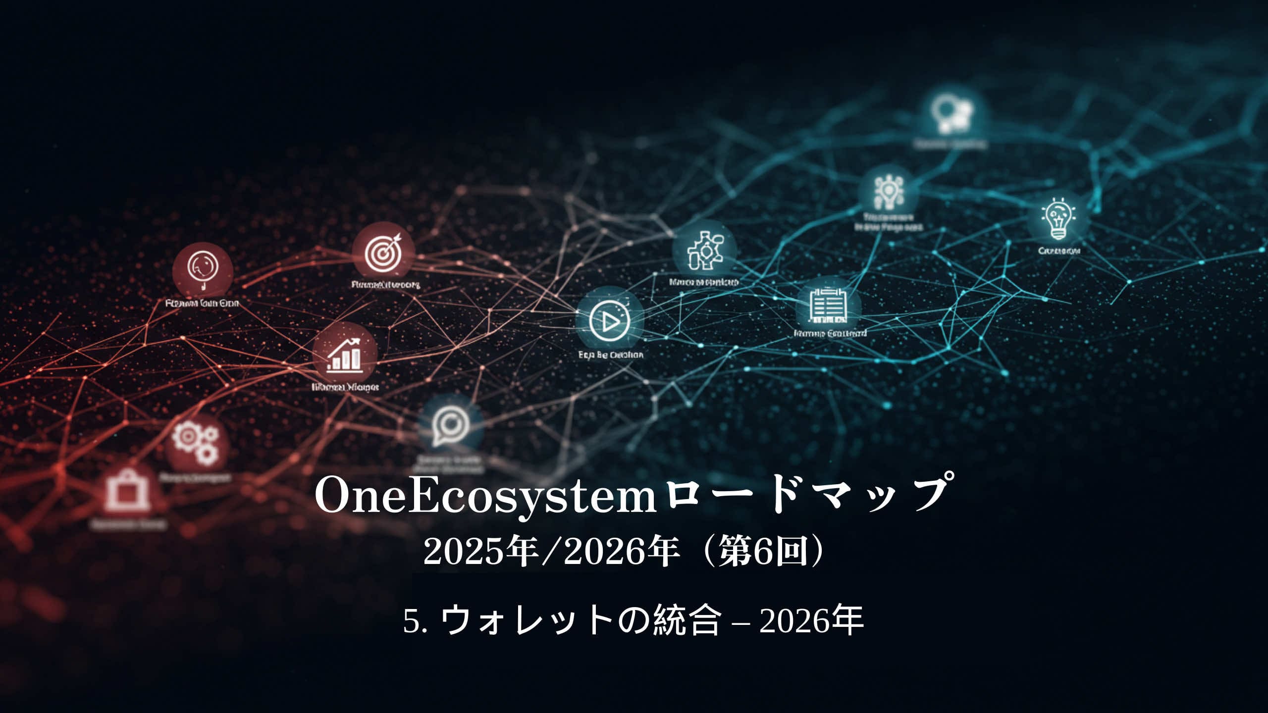 Rețeaua digitală de pictograme interconectate pune accentul pe tehnologia blockchain și a portofelelor. Textul japonez spune: "OneEcosystem Roadmap 2026 - Wallet Integration" (Wallet Integration - 2026).