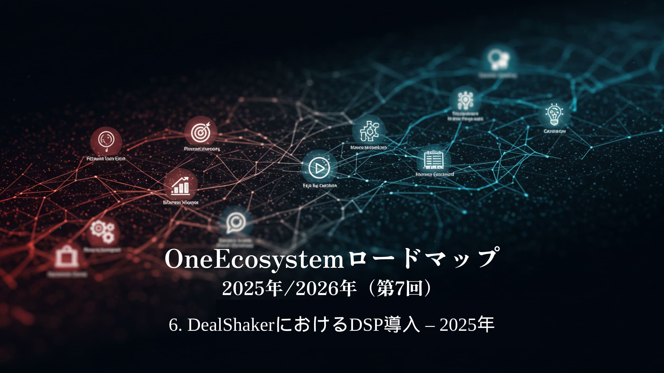 Gradientele albastre și roșii fac ca textul japonez să iasă în evidență: "OneEcosystem Roadmap 2025/2026 (7th)6. Implementarea DSP în DealShaker - 2025.
