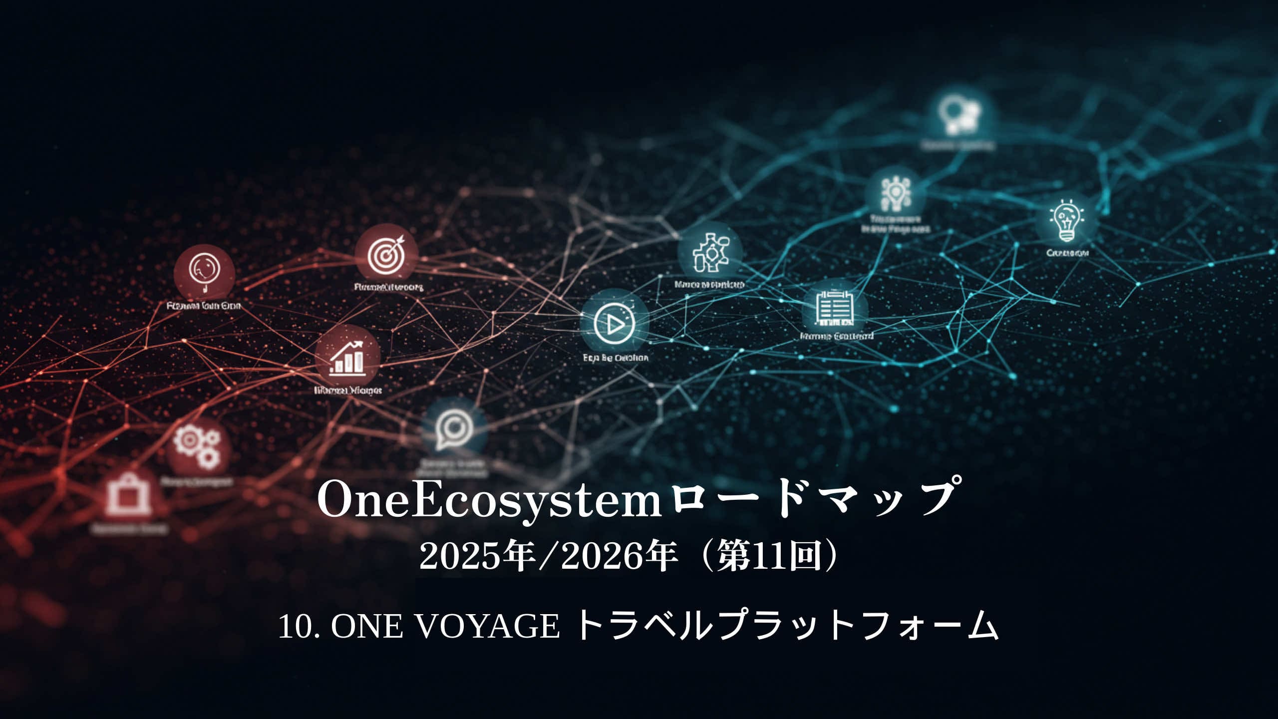 Grafică de rețea digitală cu pictograme blockchain și de călătorie. Textul japonez spune "Foaia de parcurs OneEcosystem 2025/2026 (11th)10. Platforma de călătorie ONE VOYAGE.