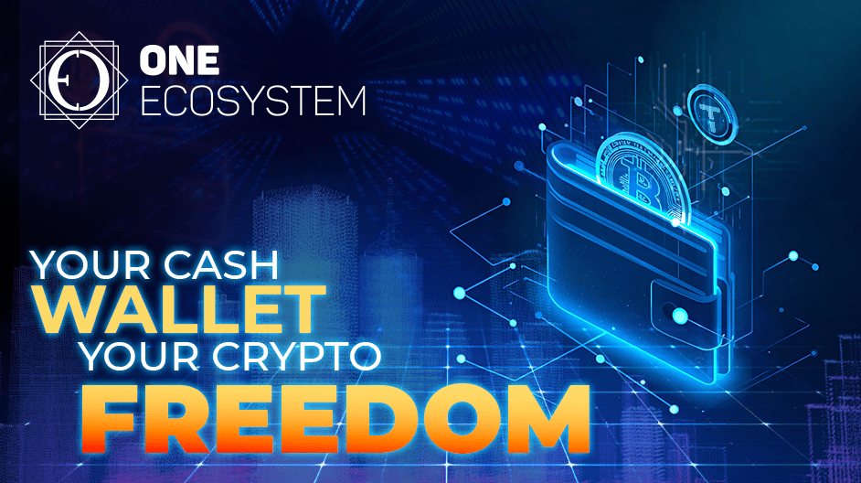 Din interfața albastră strălucitoare, apare un portofel digital cu monede criptomonede. Textul spune: "Un singur ecosistem, portofelul tău de numerar. Libertatea ta cripto. "Fundalul înfățișează un model de rețele digitale și lumini ale orașului, evidențiind cea mai recentă actualizare.