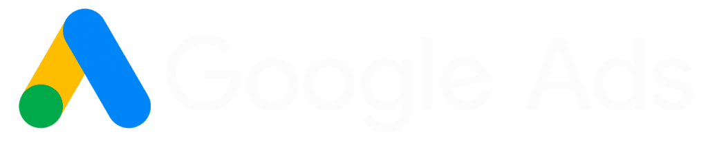 Logo-ul Google Ads are litera "A" pe partea stângă, cu literele "A" desenate în albastru, galben și verde, iar literele "Google Ads" cu text gri deschis în dreapta.
