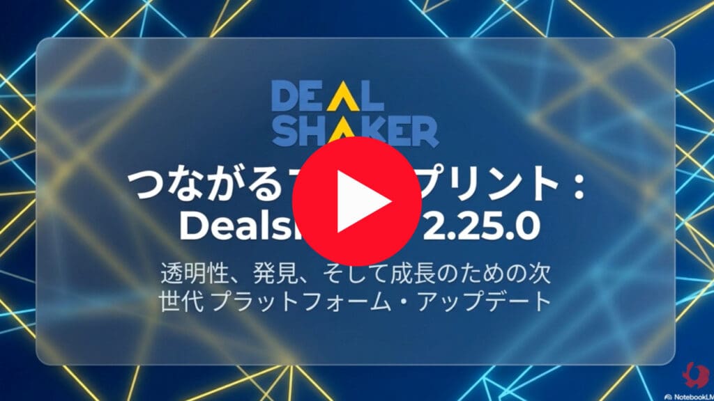 デジタル画面には、「DEALSHAKER」という文字と、「アップデート」や「2.25.0」といった日本語のテキストが、再生ボタンのオーバーレイとともに表示されている。背景には、青と黄色の光る線が交差している。.