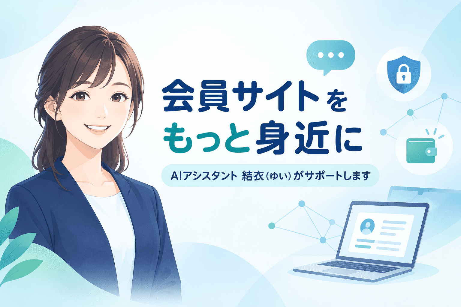 Ilustrație a unei femei zâmbitoare în costum de afaceri, text în limba japoneză referitor la „site-ul pentru membri” cu funcții de suport, pictograme care reprezintă securitatea și portofelul digital, și un laptop care afișează un profil. Schema de culori se bazează pe albastru și alb.