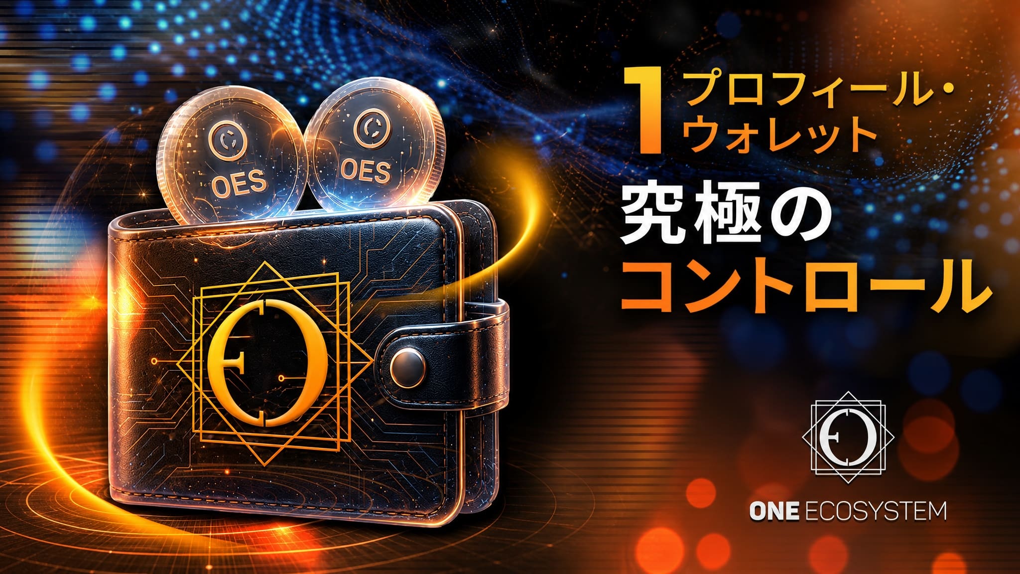 「OES」と記されたコインと未来的なグラフィックをあしらったデジタルウォレットが、革新的な「プロフィールウォレット」の体験を際立たせています。日本語のテキストには「1プロフィール・ウォレット 究極のコントロール」とあり、「統合アップデート」の威力を強調しているほか、下部には「ONE ECOSYSTEM」と表示されています。.